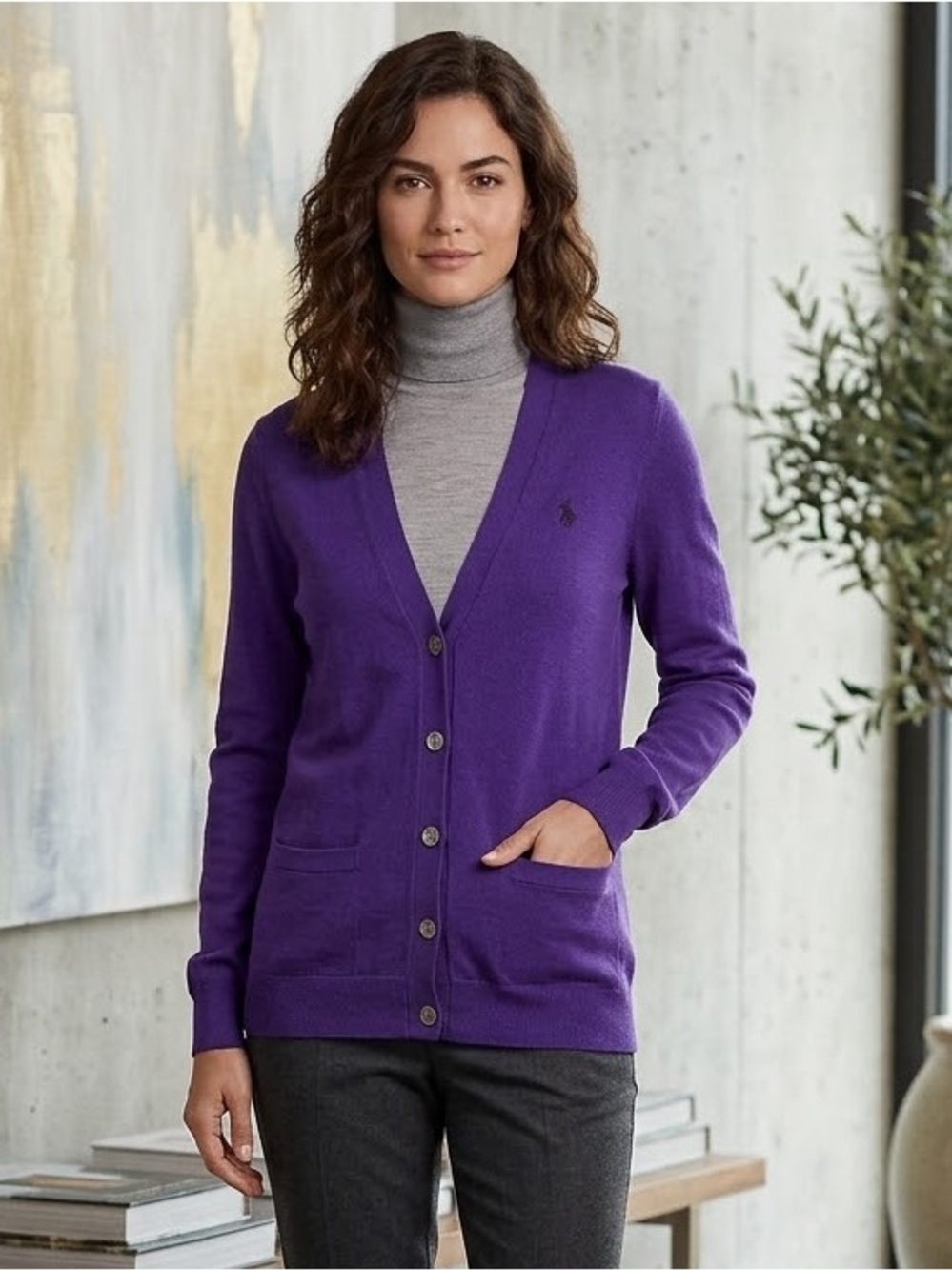 Ralph Lauren sport Purple V-Neck Button Cardigan Sweater medium
